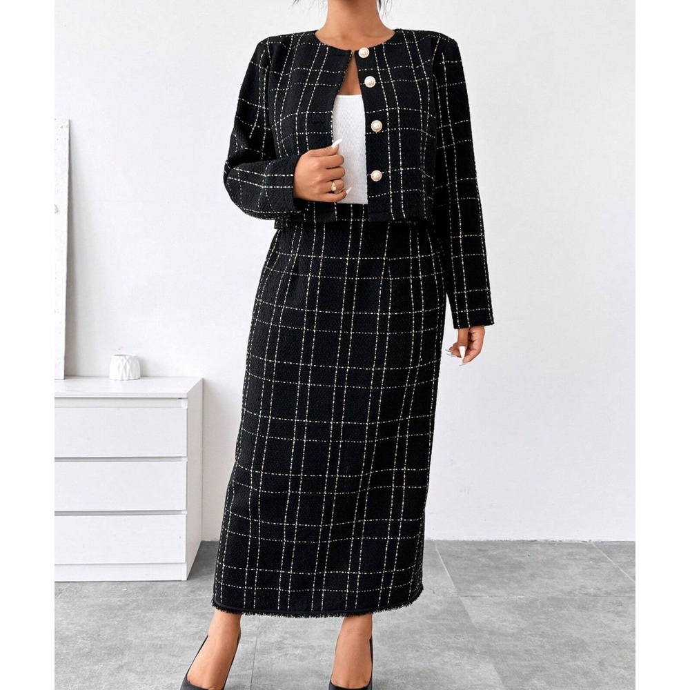 Plus Classic Plaid Print Tweed Blazer Maxi Skirt Set